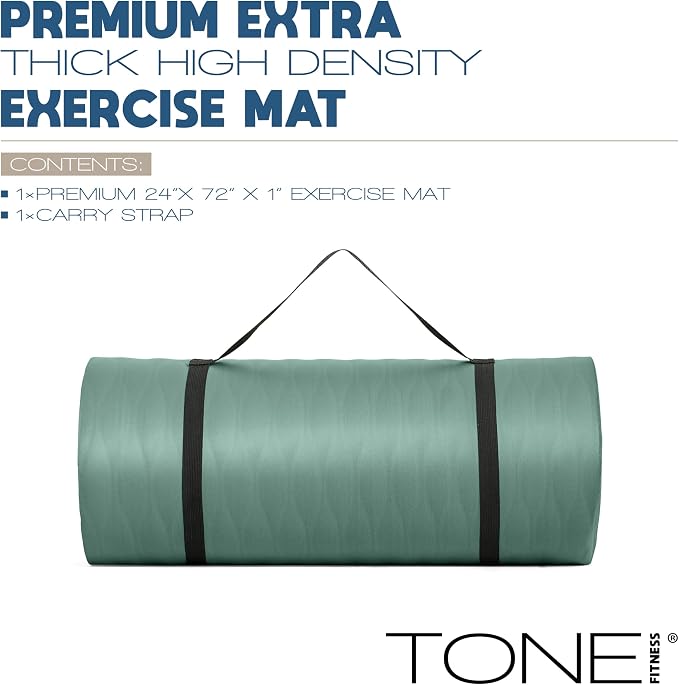 Tone Fitness 1-Inch Thick Yoga Mat | High-Density, Non-slip Exercise Mat with Carrying Strap for Yoga, Pilates, & Home Gym Workouts | Multiple Options