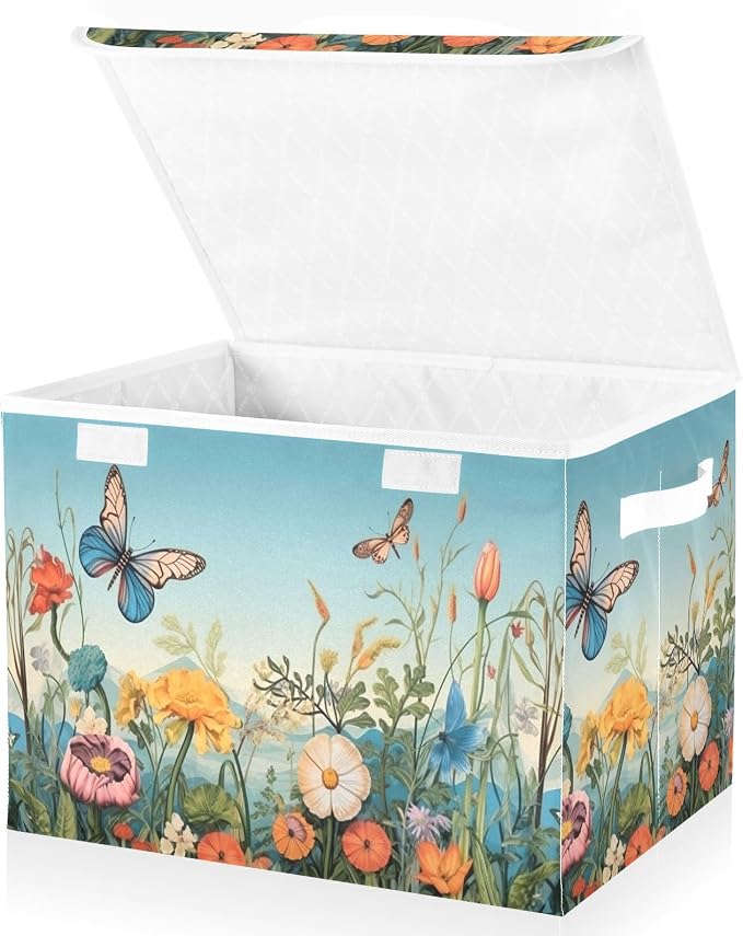 Colorful Flower Pattern Storage Bins with Lids and Carrying Handle,Foldable Storage Boxes Organizer Containers Baskets Cube with Cover for Home Bedroom Closet Office