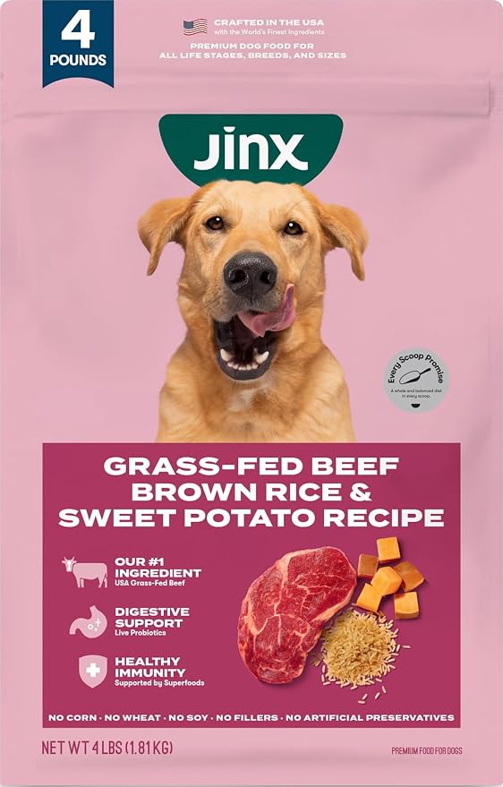 Jinx Dry Dog Food - Grass-Fed Beef, Brown Rice & Sweet Potato, 4lb | Premium Kibble for Digestive Support & Healthy Immunity - No Fillers, All Lifestages (Puppy, Adult & Senior), Breeds & Sizes