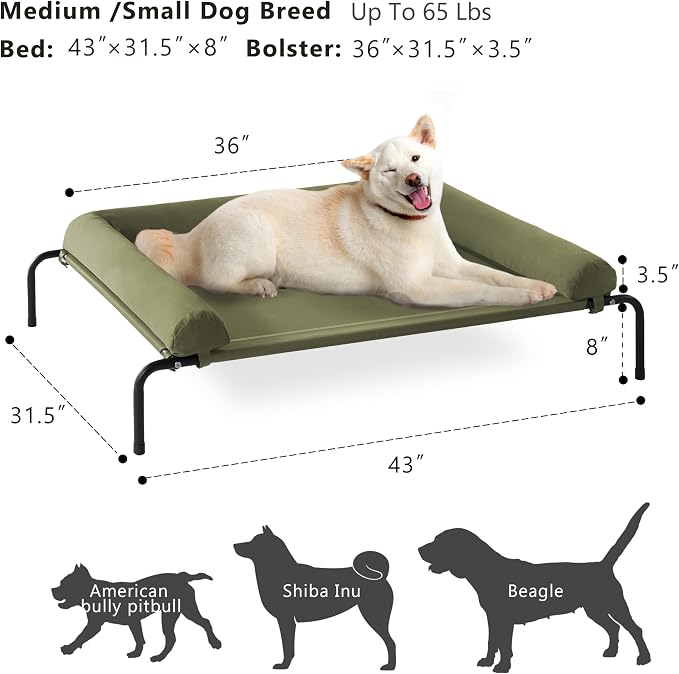 Cooling Elevated Dog Bed for Large Dogs, Outdoor Raised Dog Beds Dogs Cot | Dogs Bed W/Breathable Mesh, Pet Cots W/Removable Waterproof Bolster