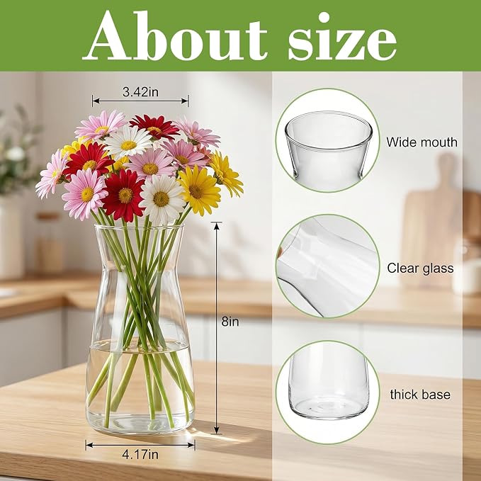 8 inch Glass Flower Vases for Flower 2 Pack,Clear Glass Vases | Vases for Centerpieces Table,Flower Bouquet Decoration,Wedding Decor Gift,Birthday,Living Room,Office Decor