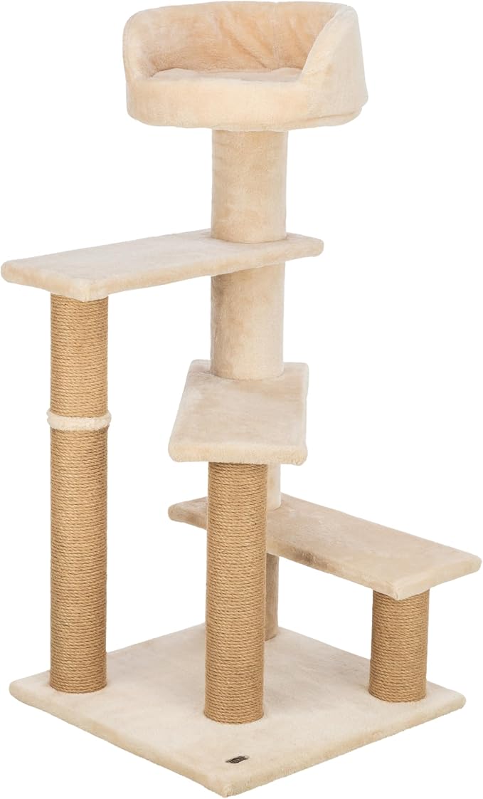 TRIXIE Tulia Senior Cat Tower – Cat Tree with Jute Wrapped Posts, Step-Style Platforms & Padded Top Bed – Comfortable Cat Furniture for Senior Indoor Cats – Beige, 20.1" x 20.1" x 40.2"