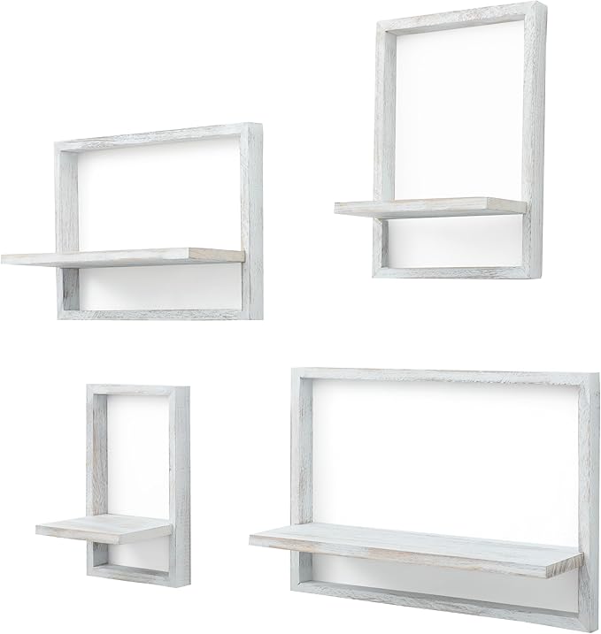 Floating Shelves for Wall,Decorative Wall Shelves,Plants Shelf Framed | Square Wall Decor,Art Sconces Artificial Vases Hanging Storage Shelf for Bathroom Living Room,Wood,Set of 4,Rustic White