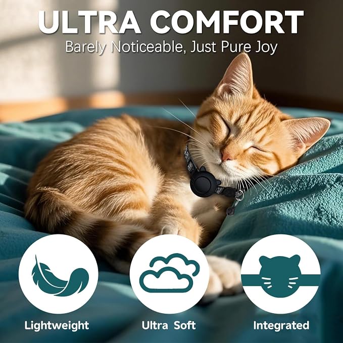 GPS Tracker for Cat Tracker Collar Waterproof Airtag Compatible with Apple Find My (iOS ONLY) No Monthly Fee Breakaway Design Reflective Pattern Bell Black Durable Cat Tracking