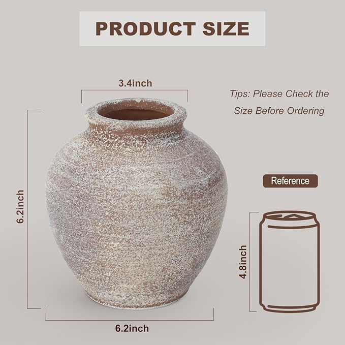 Ceramic Flower Vase Home Decor, 6.2 inch Farmhouse Rustic Vintage Decorative Vases, Pottery Terracotta Boho Flowers Vases for Dining Table, Living Room, Shelf, Kitchen, Bedroom (6.2"-Terracotta)
