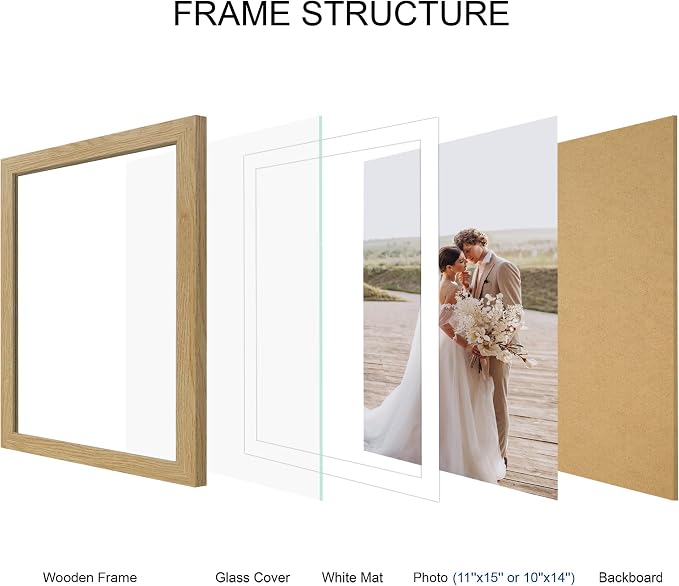 Hongkee 11x15 Picture Frame Set of 4, Made of Real Glass and Natural Oak Frame - Display Picture 10x14 with Mat or 11x15 Without Mat, 11 by 15 Photo for Wall Mounting