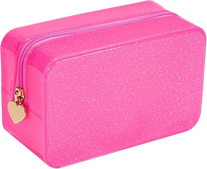 RSRSLEII Stardust Twinkle Jelly Travel Makeup & Toiletry Bag, Waterproof PVC Cosmetic Bag/Case for Women，Zipper SPF Beach Bag for Sunscreen Skincare and Daily Essentials (02Hot Pink)