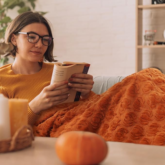 Tegeme Fall Halloween Pumpkin Throw Blanket 50" x 60", 3D Pumpkin Pattern Faux Rabbit Fur Fleece Blanket, Soft Cozy Rust Autumn Throw for Couch Sofa Bed, Thanksgiving Gift for Women Mom(Rust)