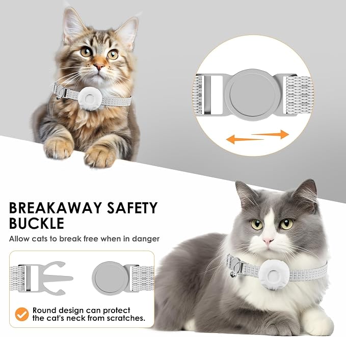Cat Tracker, Cat Tracker Collar with Safety Elastic Buckle, Compatible with Apple Find My App (Only iOS), No Monthly Fee, Waterproof Pet Tracker for Cats, White