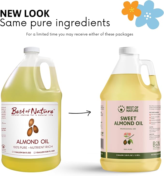 Best of Nature 100% Pure Sweet Almond Oil – Moisturizing Massage & Body Oil, Unscented for Hair, Skin, Face, Soap Making, Aromatherapy, Ideal Carrier for Essential Oils, 1 Gallon (128 fl oz)
