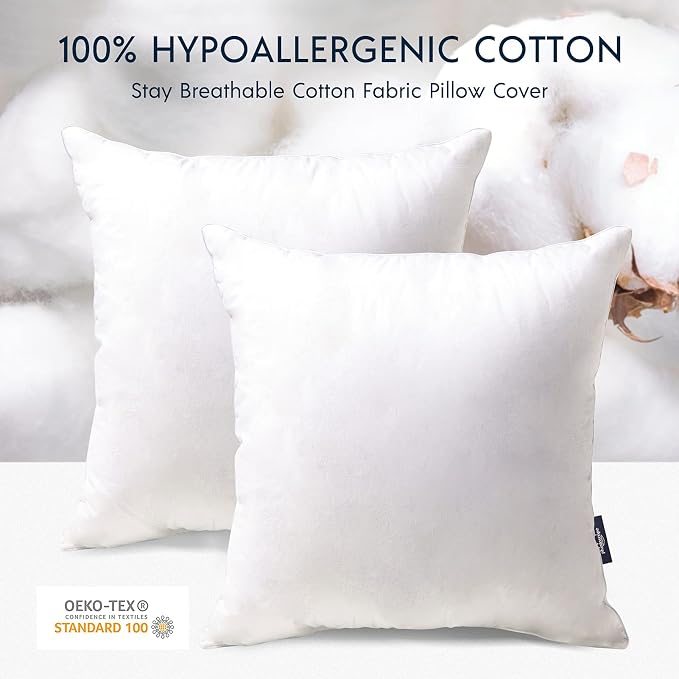 Phantoscope Throw Pillow Insert with 100% Cotton Cover, 16x16 Inch, 2 Pack | Soft Supportive Throw Pillows for Couch Bed, Hypoallergenic Breathable Pillows Inerts, Square Decorative Cushion Sham Stuffer
