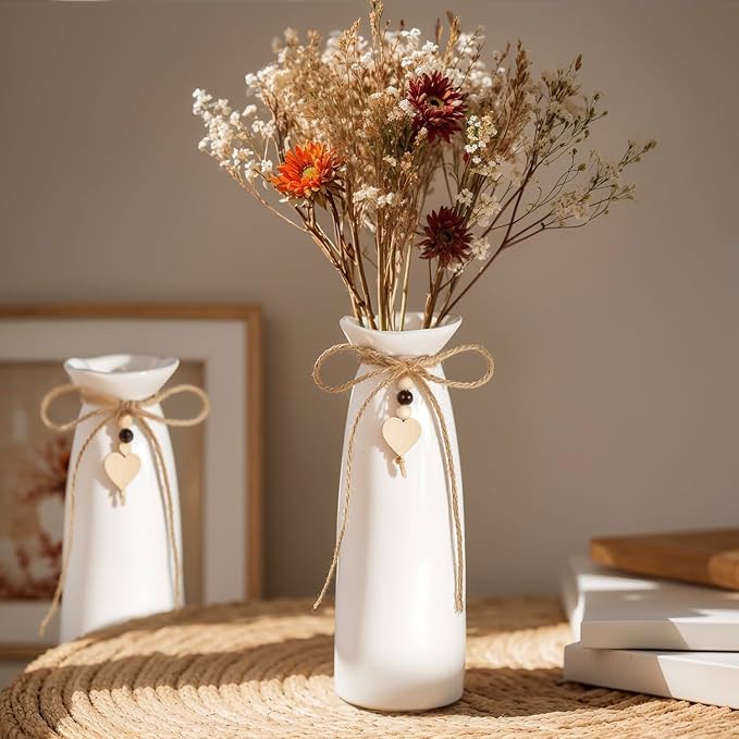 8 Inch Ceramic Vase with Jute Rope & Heart Charm, Elegant White Decorative Vase for Home Décor & Table Centerpieces
