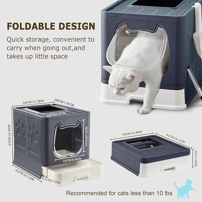 Cat Litter Box with Lid, Foldable Enclosed Covered Top Entry Kitten Litter Boxes for Growing Cats, Drawer Type Kitty Toilet with in/Out Front Door