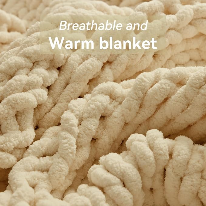 Negwoo Chunky Knit Throw Blanket, Knitted Throw Chenille Yarn, 40"*50" | Soft Thick Cable Knitted Blankets, Handmade Big Thick Blanket, Machine Washable Cute Comfy Blanket for Home Decor, Oatmeal