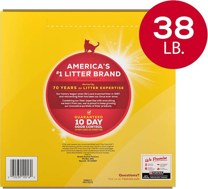Purina Tidy Cats 24/7 Performance Clumping Cat Litter, 38 lb Box | Clean Linen scent with a slow-release deodorizer, guaranteed 10-day control
