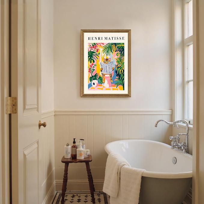 ICHZUMW Framed Funny Tabby Cat Matisse Canvas Bathroom Wall Art, 16x24 In | Humorous Cat Reading on Toilet, Girly Pink Dopamine Bathroom Wall Decor, Restroom Powder Room, Fade Resistant, Ready to Hang