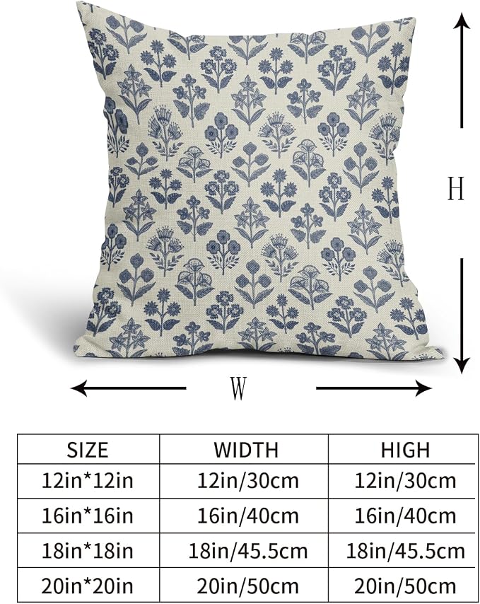 Dark Blue Floral Pillow Covers 20x20 Inch Set of 2, Vintage Flower Block Print Pattern Decorative Throw Pillowcases Outdoor Farmhouse Cushion Covers Spring Summer Rustic Sofa Couch Bed Decor