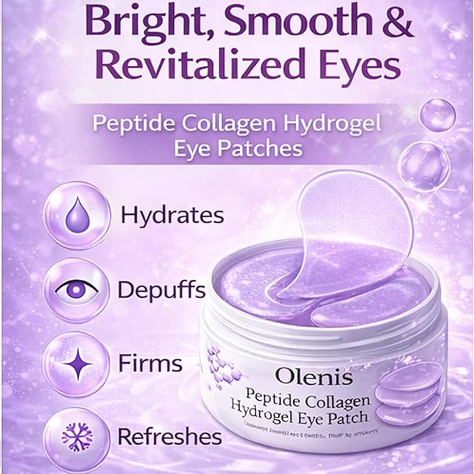Olenis Peptide Collagen Hydrogel Bright Eye Patches – Under Eye Patches for Hydrating, Cooling & Depuffing – Firming Eye Treatment with Peptides & Collagen – 60 Count (1pcs)