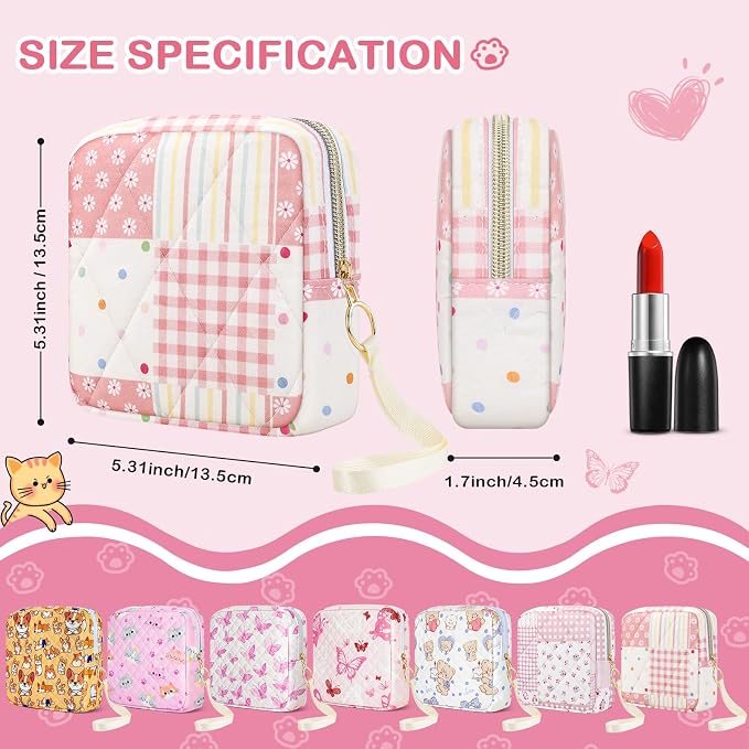 Likesing Quilted Period Bag, Period Pouches for Teen Girls Womens, Portable Floral Print Sanitary Napkin Storage Bag Feminine Emergency Tampon Pad Pouch(Pink Dot Clash)