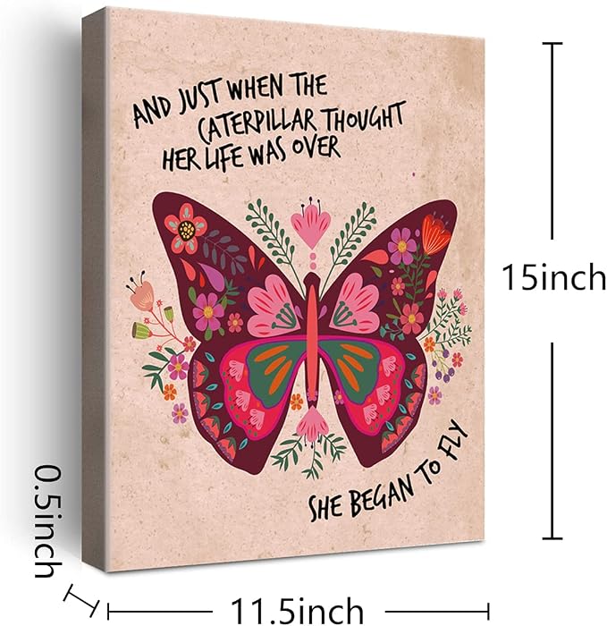 Butterfly Wall Art for Teen Girls Room Decor,Girl Inspirational Quote She Begen to Fly Wall Decor Canvas Poster Print for Butterfly Lovers Teens Girls Bedroom Decor