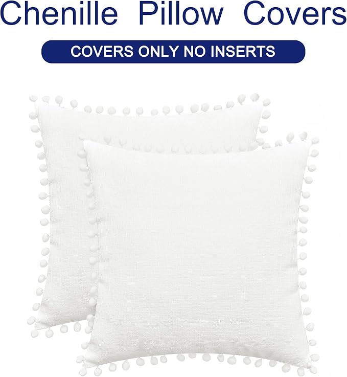 CaliTime Decorative Couch Throw Pillow Covers 20 X 12 Inches True White | Pack of 2, Cozy Chenille Cushion Cases, with Pom Poms for Sofa Bed Living Room Farmhouse Home