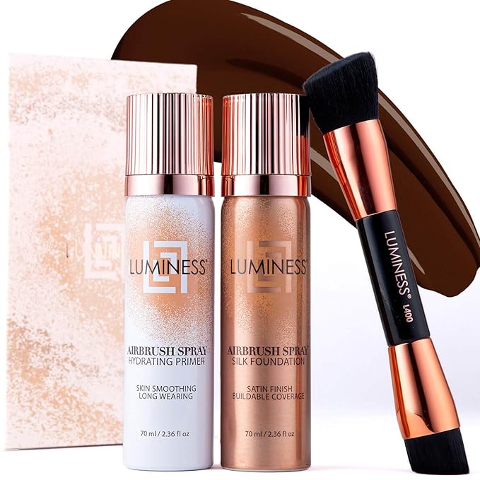 LUMINESS Complete Makeup Kit - Includes Face Palette, Airbrush Foundation, Primer and Brush - Silky, Long-Wearing, Easy to Blend, Perfect Makeup for Older Women, 4-PC Make Up Set (16 - Light Rich)