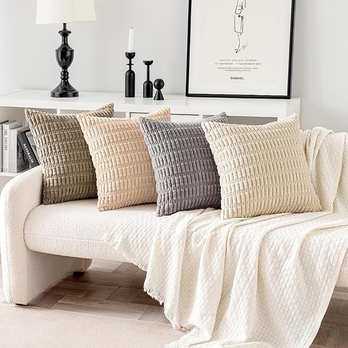 MIULEE Pack of 4 Corduroy Throw Pillow Covers 18x18 Inch Beige and Brown | Neutral Rustic Farmhouse Boho Soft Striped Pillow Covers,Home Decor for Sofa,Living Room,Couch,Bed