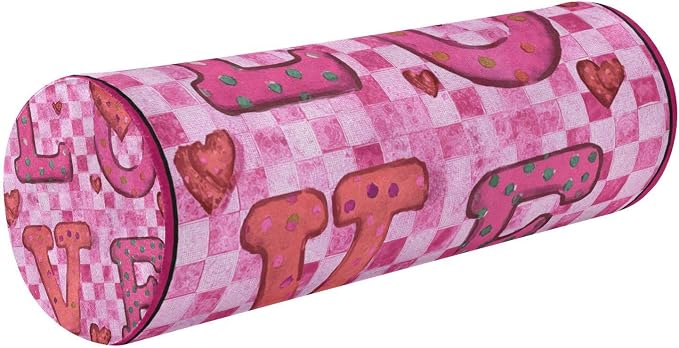 Pink Checkered Valentine Love Hearts Neck Roll Pillow Bolster Round Health Memory Foam Long Cervical Cylinder Pillows with Removable Washable Cover for Body Bed Legs Back Yoga