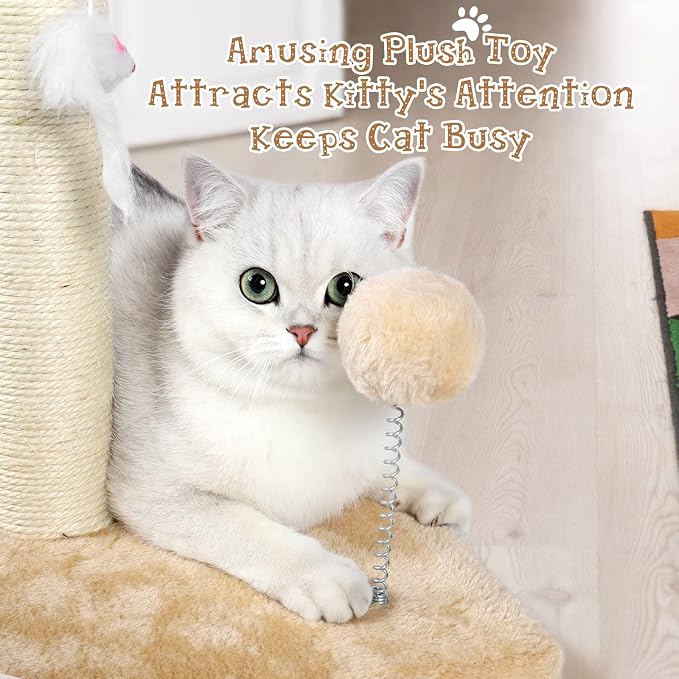 ANWA 32" Tall Sisal Cat Scratching Posts Tree for Indoor Cats Adults, Beige | Sisal Cat Scratcher, Small Space, Cat Post with Dangling Plush Toys for Indoor Cats, 15.7" Stable Base, Cat Furniture