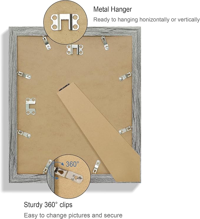 Hongkee 10x12 Picture Frame Set of 4, Made of Real Glass and Grey Frame - Display Picture 8x10 with Mat or 10x12 Without Mat, 10 by 12 Photo for Wall Mounting