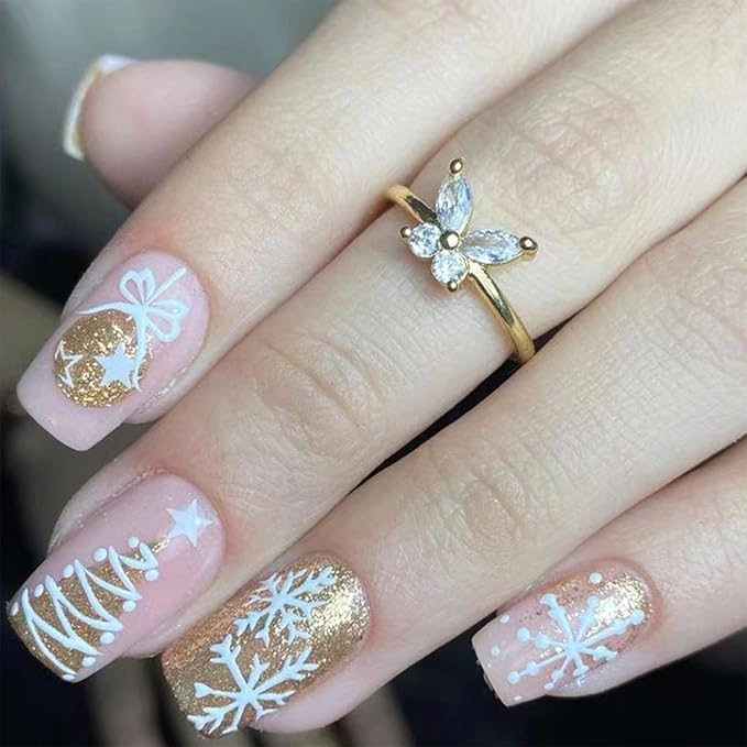 Medium Christmas Press on Nails Gold Glitter White Christmas Tree Snowflake False Nails Glossy Winter Xmas Glue on Nails Square Full Cover Acrylic Fake Nails for Women Girls