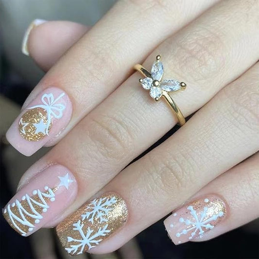 Medium Christmas Press on Nails Gold Glitter White Christmas Tree Snowflake False Nails Glossy Winter Xmas Glue on Nails Square Full Cover Acrylic Fake Nails for Women Girls
