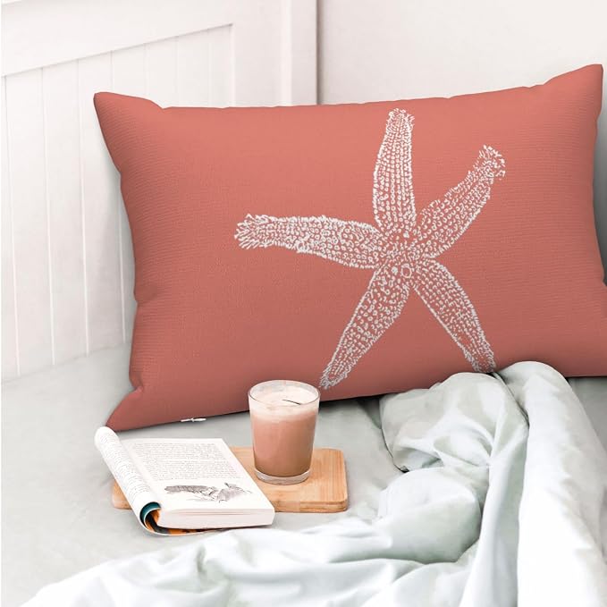 Coastal Pillow Covers 12x20 Set of 2 Orange Coral Starfish Throw Pillows Nautical Ocean Decorations Summer Linen Beach Pillowcase Outdoor Decor Farmhouse Lumbar Cushion Case for Couch Home