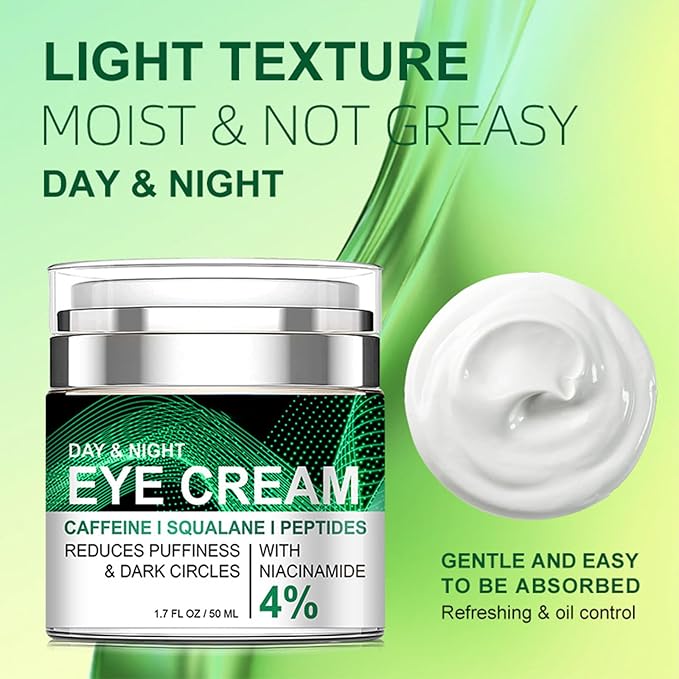 Caffeine Eye Cream with Collagen Peptide, Dark Circle Eye Cream for Puffiness and Bags Under Eyes Anti Aging Anti Wrinkle Day and Night Eyes Moisturizer Reduce Dry Lines & Fine Lines 1.7 FL OZ