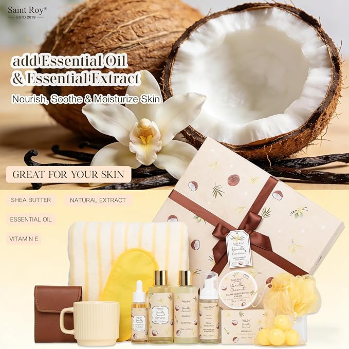 33 Pcs Coconut Vanilla Spa Gift Basket for Women & Men, Face Skin Care Set, XXL Bath & Body Set, Self Care Pamper Kit, Manicure Set, Birthday, Christmas, Valentines, Mother Day, Anniversary