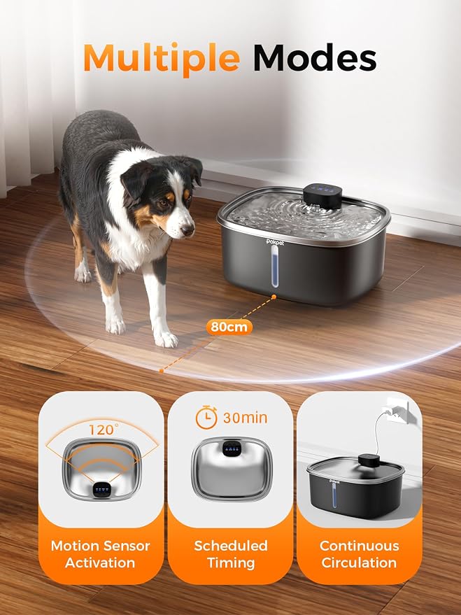 Cat Dog Water Fountain, Stainless Wireless Pet Water Bowl | 10L wireless dog water bowl for large dogs&cats, sensor flow, quiet , 4000mAh battery, 15-25 day runtime and 1 filter set