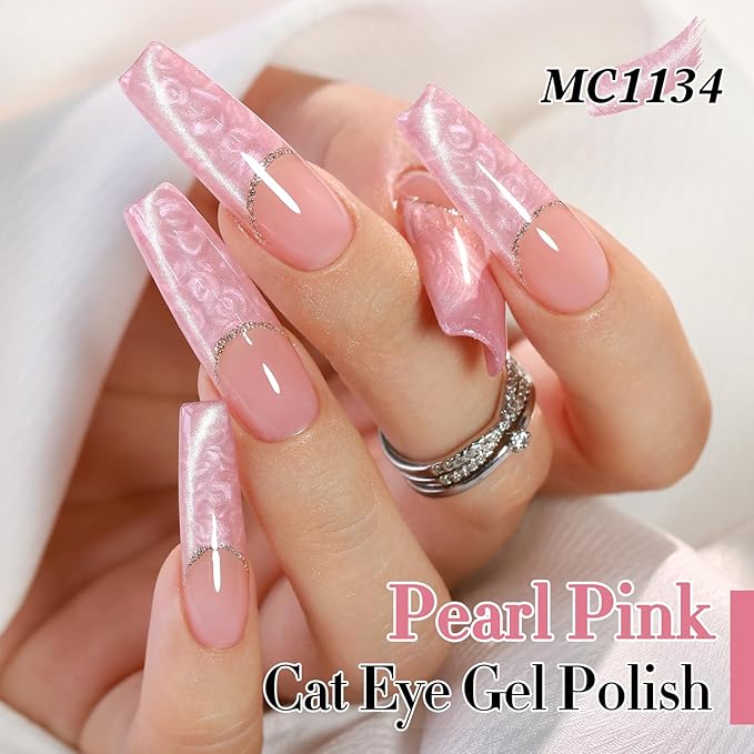 Double Rhythm 15ML Ice Glass Cat Eye Gel Polish with Magnet Holographic Glitter Shimmer Translucent Sheer Color Salon Soak Off Magnetic Nail at Home (Mermaid Pink-MC1134)