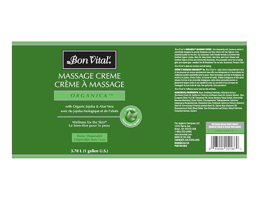 Bon Vital' Organica Organic Massage Creme, 1 Gallon, Organic Jojoba Oil, Non-Greasy, Hypoallergenic, Cream For Sensitive Skin, Massage Therapy & Muscle Relaxation, Spa Quality