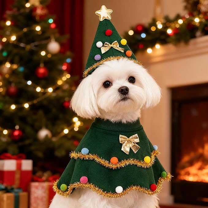Large Dog Christmas Costumes Green Xmas Pet Cloak 2PCS Santa Cape Hat Christmas Tree Outfit Winter Warm Coat Pet Elf Clothes for Medium Large Dogs Holiday Party Dress (Christmas Tress Green, Medium)