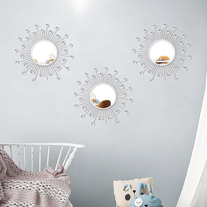 3 Pack Metal Mirrors for Wall Sunburst Wall Mirrors Home Décor Decorative Hanging Wall Art for Living Room Bedroom Entryway (Silver Crystal, Sunburst)
