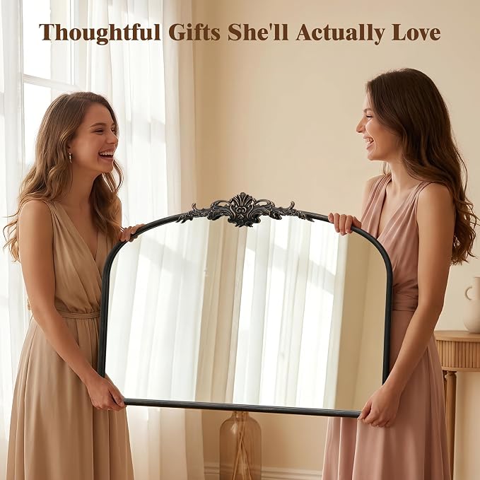 Besdomus Antique Black Wall Mirror: 32"x24" French Ornate Decorative Mirror | Vintage Baroque Ornate Arched Metal Framed for Mantel/Hallway/Bathroom Vanity/Dresser - Ideal Gifts for Housewarming/Birthday