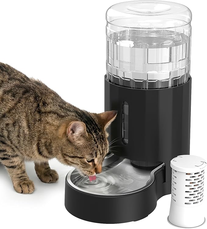JUNSPOW Cat Water Dispenser with Filter and Stainless Steel Bowl (4L Black) | Automatic Gravity Water Dispenser for Cats or Small Medium Size Dogs, Large Capacity, Easy to Clean
