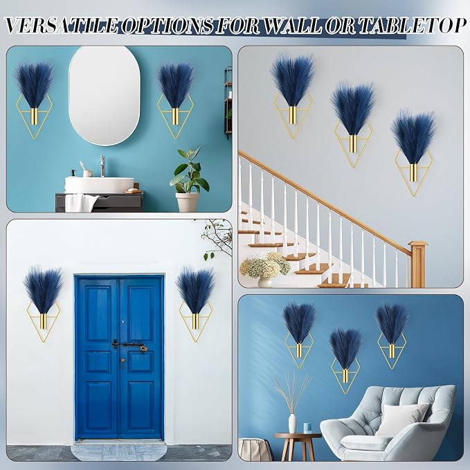 Hanaive 4 Sets Boho Wall Decor Metal Wall Art Hanging Planters with Artificial Pampas Display Modern Home Vase for Bedroom Home Office(Soft,Dark Blue)