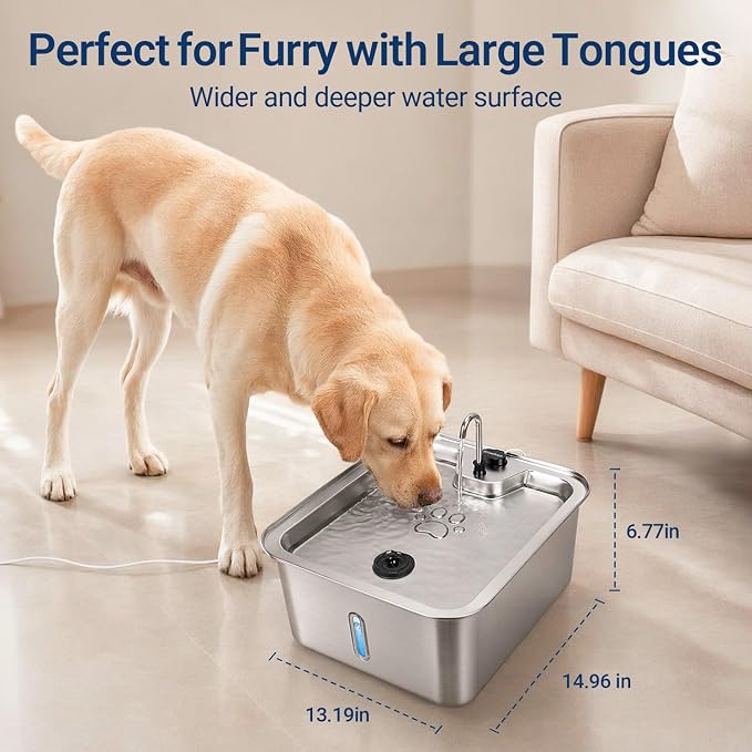 4.5Gal/17L Pet Water Fountain, Stainless Steel Dog Water Bowl Dispenser with Visible Window & Wide Drinking Area, Large Capacity Dog Fountain for Multi-Pet Home