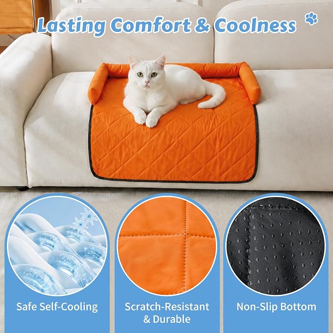 Cooling Dog Bed Mats with Neck & Head Support, 31.5 x 23.62 inch Orange | for Small and Medium Dogs & Cats, Non-Slip, Machine Washable, Protects Sofa from Fur & Scratches