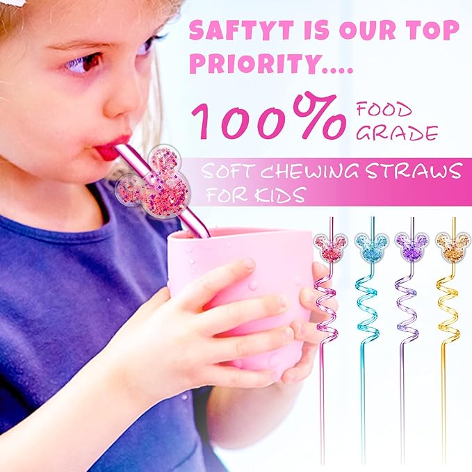 24Pcs Glitter Mouse Straws for Kids Birthday Party Favors Supplies Decorations Crazy Reusable Drinking Straws for Theme Birthday Oh Twodles Party