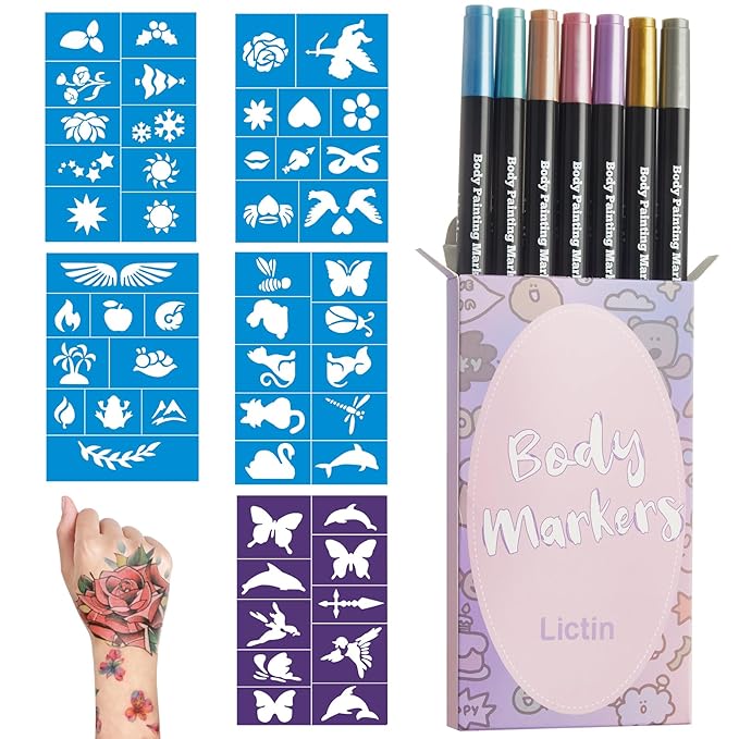 Lictin Temporary Tattoo Markers for Skin, 7 Colors Dual-End Skin Tattoo Pens with 50 Tattoo Stencils, Metallic Body Markers for Kids Teens and Adults, Flexible Brush Tip, Cosmetic-Grade