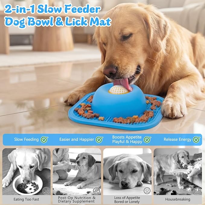 Slow Feeder Dog Bowls & Lick Mat for Liquid and Thick Treat, Anti-Slip Dog Lick Bowl with Interactive Rolling Ball, 5/6 Cup Pup Licking Toy for Large Medium Small Dogs and Cats Blue