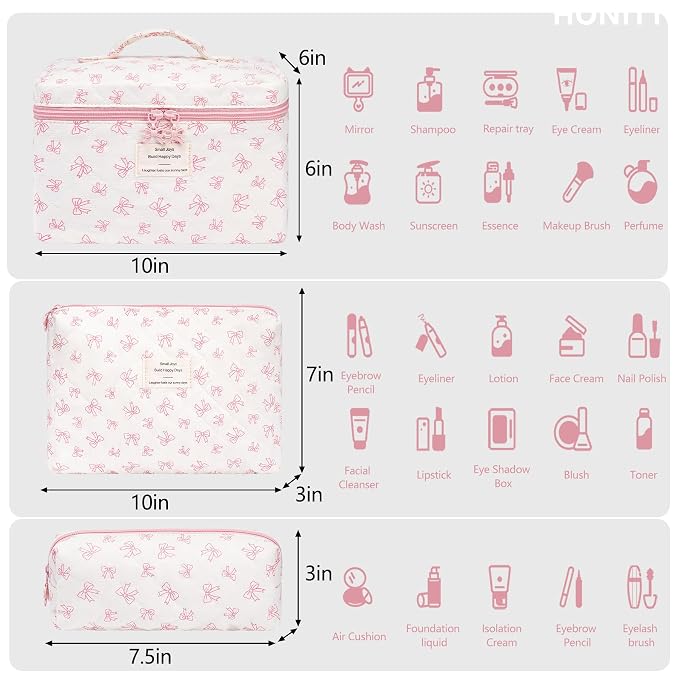 honitty Makeup Bag,Quilted Cosmetic Bags,Large Floral Make Up Organize bag,Makeup Bag Set for Women,Flower Travel Toiletry Bag