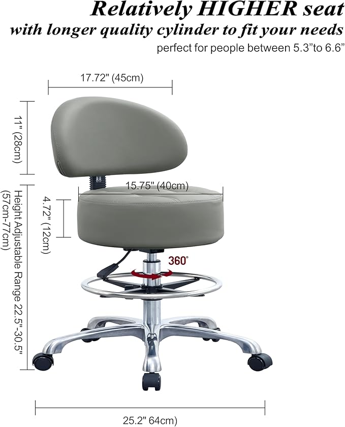 Height Adjustable Rolling Shop Stool with Back Support - Kitchen Stool with Wheels Heavy Duty for Salon, Spa, Massage, Tattoo, Esthetician - Extra Thick for Extreme Comfort